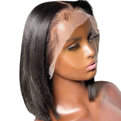 RitzWigs short straight black bob human hair wig with transparent lace front on a mannequin head