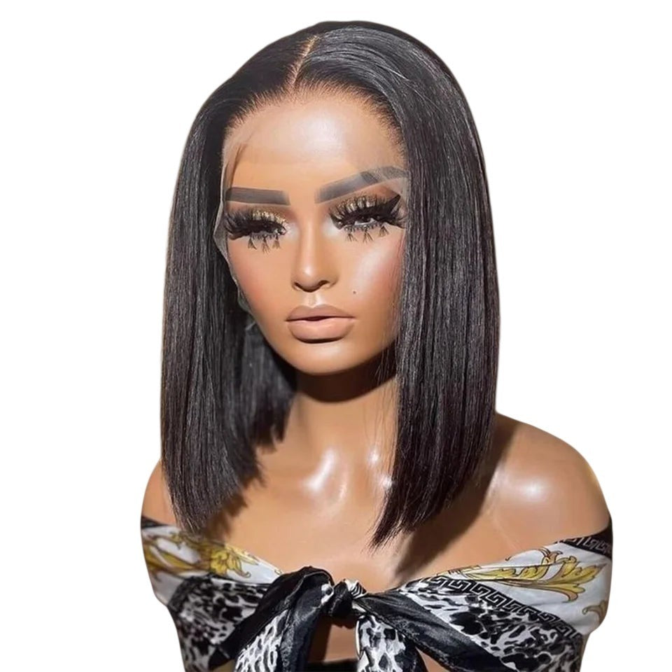RitzWigs short straight black bob human hair lace front wig on a mannequin with a natural hairline