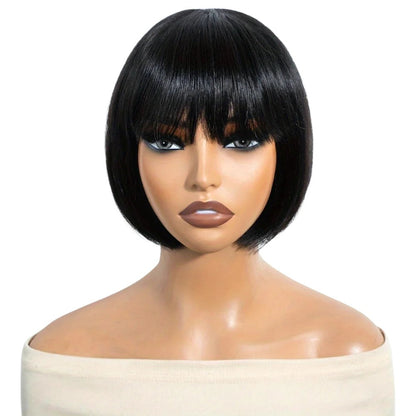 RitzWigs short straight black human hair bob wig with bangs on a mannequin head