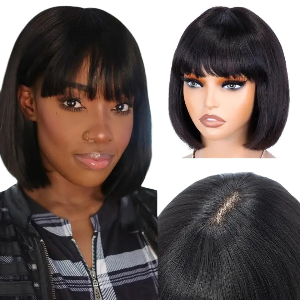 RitzWigs short straight black bob human hair wig with bangs on a model and mannequin head