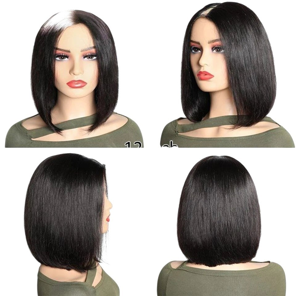 RitzWigs short straight black bob U-part human hair wig on a mannequin head showing front, side, and back views.