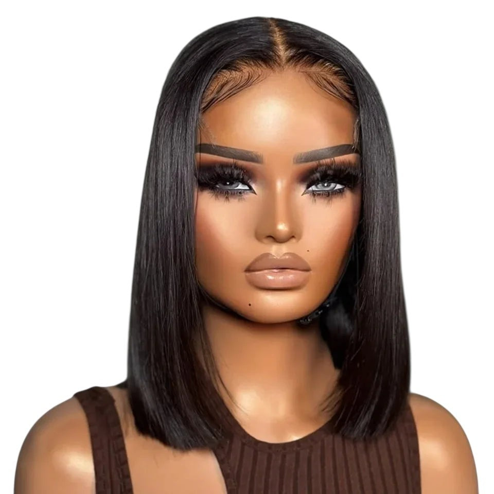 RitzWigs short straight black bob human hair wig with middle part and lace front on a mannequin