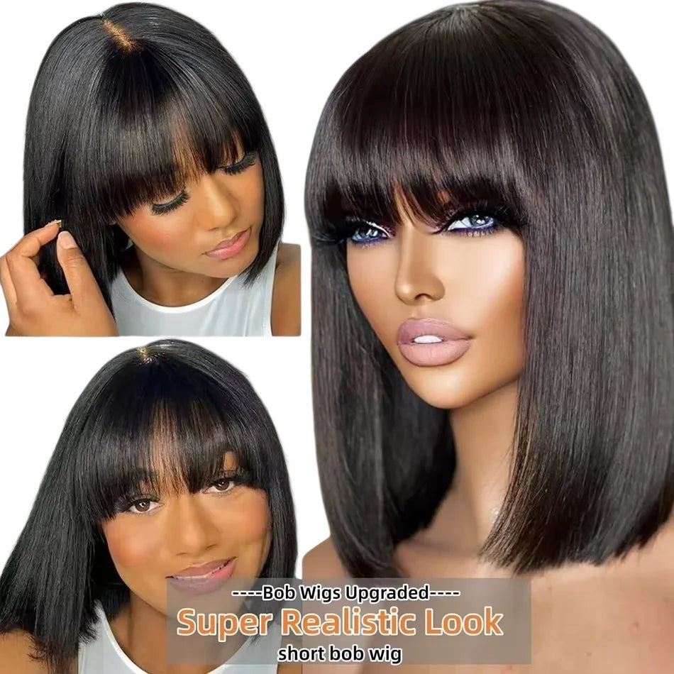 RitzWigs short straight black bob human hair wig with bangs and a middle part on a model