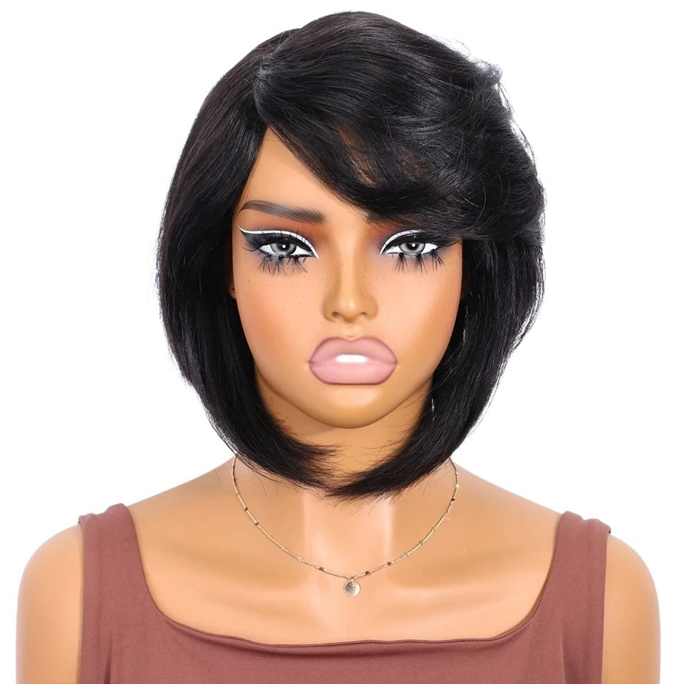RitzWigs short straight black human hair bob wig with side-swept bangs on a mannequin head