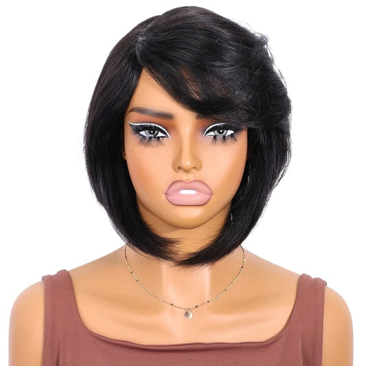 RitzWigs short straight black human hair bob wig with side-swept bangs on a mannequin head
