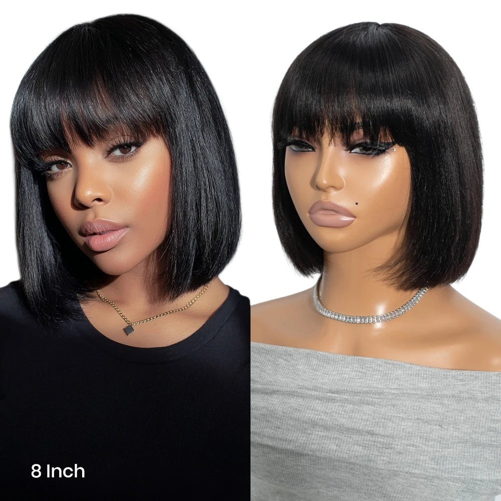 RitzWigs short straight black bob human hair wig with bangs worn by a model and displayed on a mannequin head