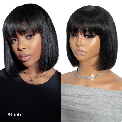 RitzWigs short straight black bob human hair wig with bangs worn by a model and displayed on a mannequin head
