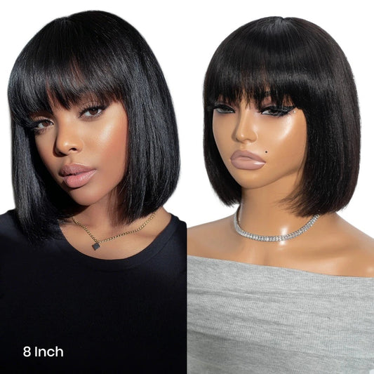RitzWigs short straight black bob human hair wig with bangs worn by a model and displayed on a mannequin head