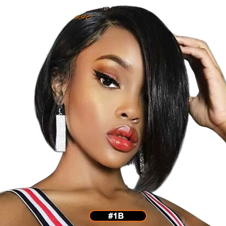 RitzWigs short straight black bob human hair wig with side part bangs worn by a model