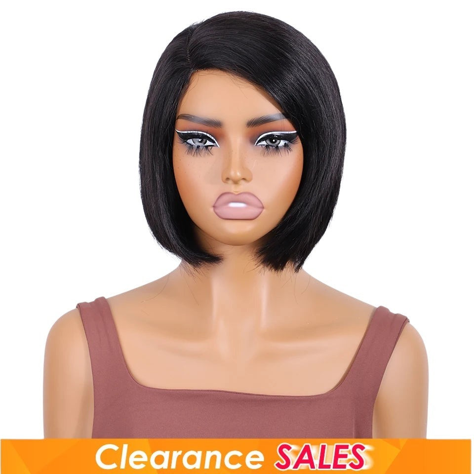 RitzWigs short straight black human hair bob wig with a side part on a mannequin head