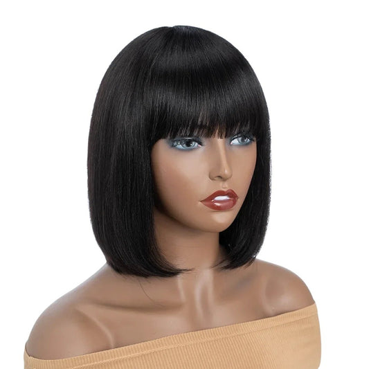 RitzWigs short straight black bob human hair wig with bangs on a mannequin head