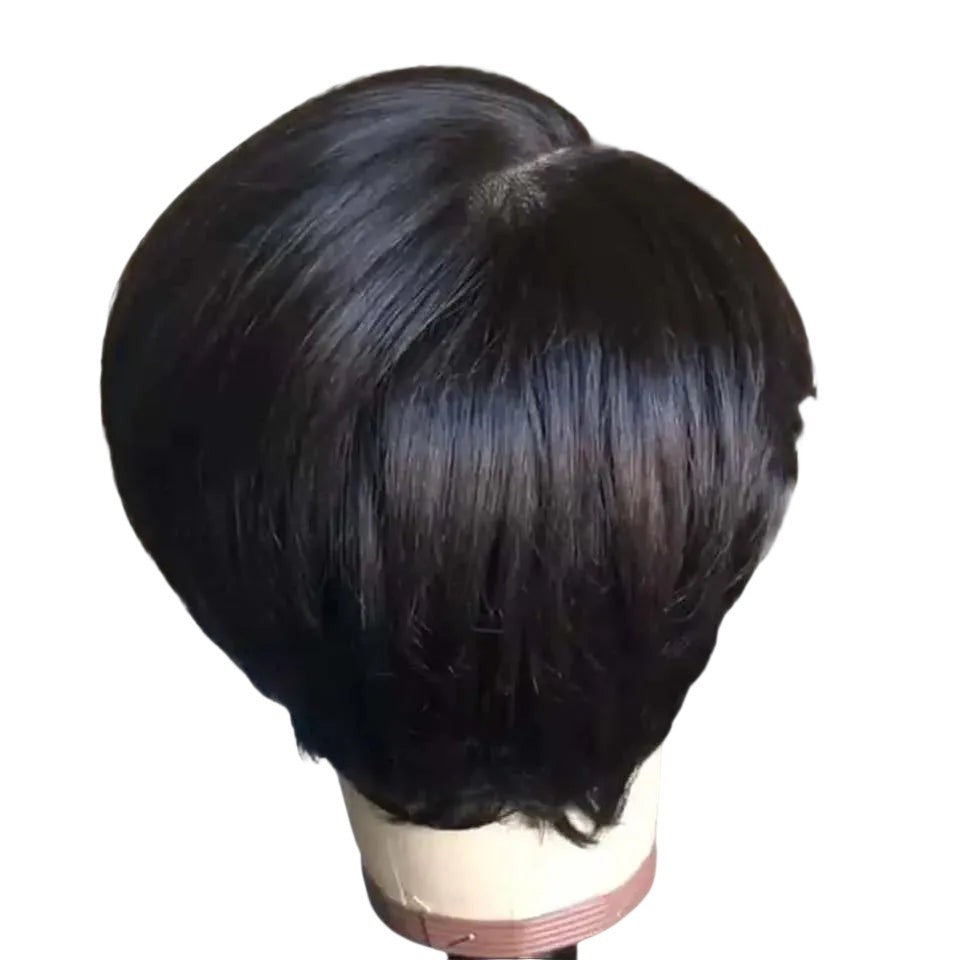RitzWigs short straight black pixie bob human hair wig on a mannequin head with a natural C-part lace base