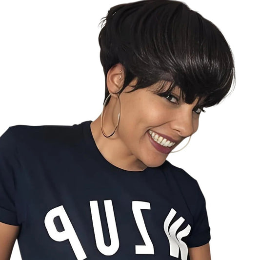 RitzWigs short straight black pixie cut human hair wig with bangs worn by a smiling woman with large hoop earrings