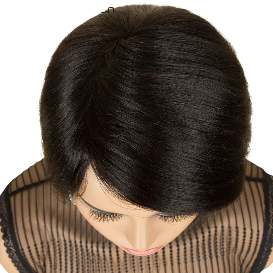 RitzWigs short straight black human hair pixie bob wig with side part on a mannequin head