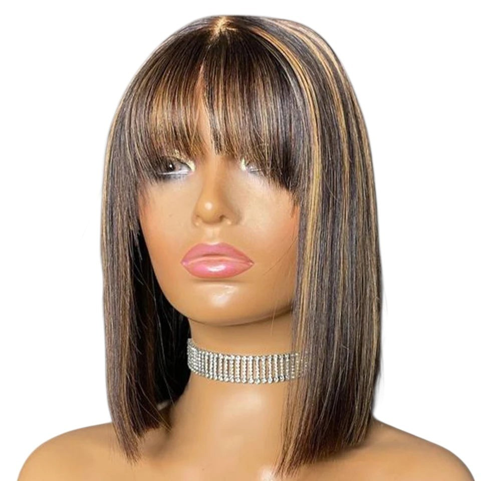 RitzWigs short straight bob human hair wig with bangs in natural brown and blonde highlights on a mannequin