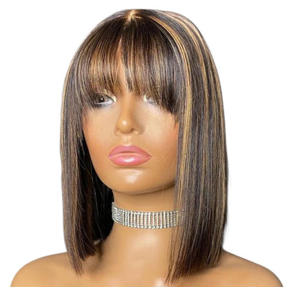 RitzWigs short straight bob human hair wig with bangs in natural brown and blonde highlights on a mannequin