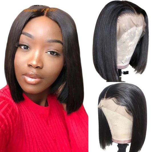 RitzWigs short straight black bob human hair wig with 13x4 HD lace frontal on a model and mannequin head