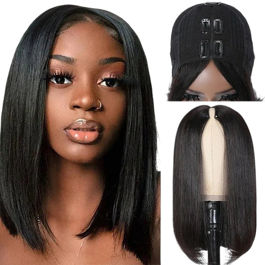 RitzWigs natural black short straight bob U-part human hair wig on a model and mannequin head