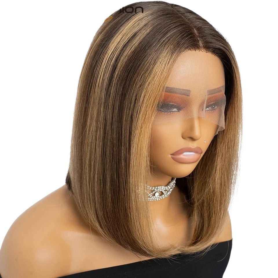 RitzWigs short straight bob lace front wig with highlighted brown and blonde tones on a mannequin head