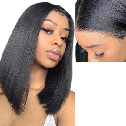 RitzWigs short straight bob human hair wig with HD lace frontal and pre-plucked hairline on a model