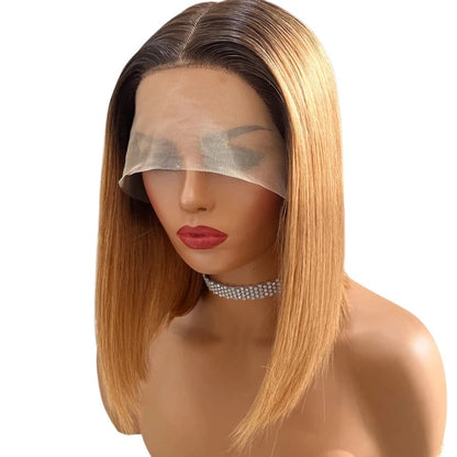 RitzWigs short straight bob human hair lace wig with ombre blonde and dark roots on a mannequin head