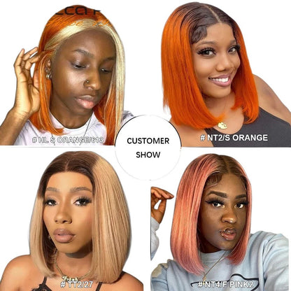 RitzWigs short straight bob lace front human hair wigs in various ginger, orange, blonde, and pink colour styles.