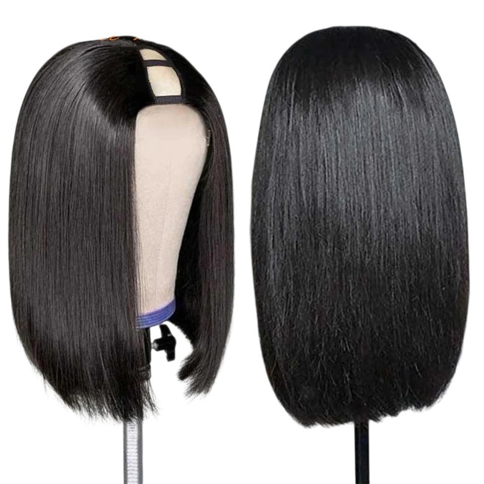 RitzWigs short natural black straight bob U-part wig made from Remy human hair on a mannequin head