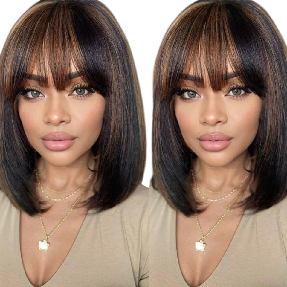 RitzWigs short straight bob human hair wig with bangs featuring highlighted brown and black tones on a model