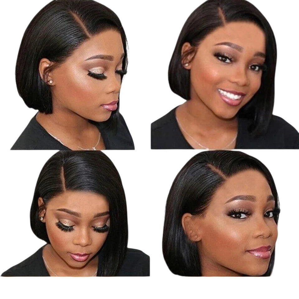 RitzWigs short straight human hair bob wig with a side part on a model, featuring a natural lace front finish.