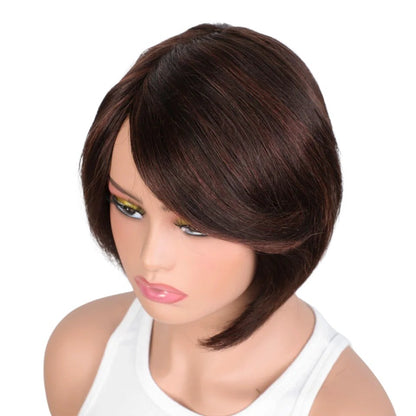 RitzWigs short straight Brazilian human hair bob wig with side-swept bangs on a mannequin head