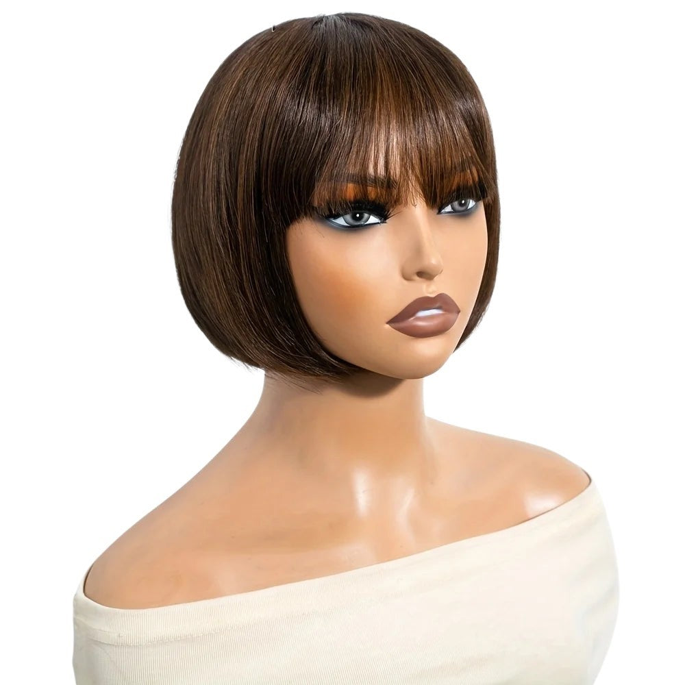 RitzWigs Rebecca Youth short straight brown human hair bob wig with bangs on a mannequin head