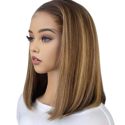RitzWigs short straight bob human hair lace wig with natural highlights on a mannequin head