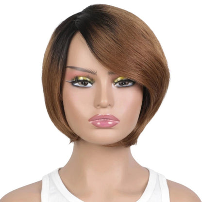 RitzWigs short straight bob human hair wig with dark roots and light brown highlights on a mannequin head