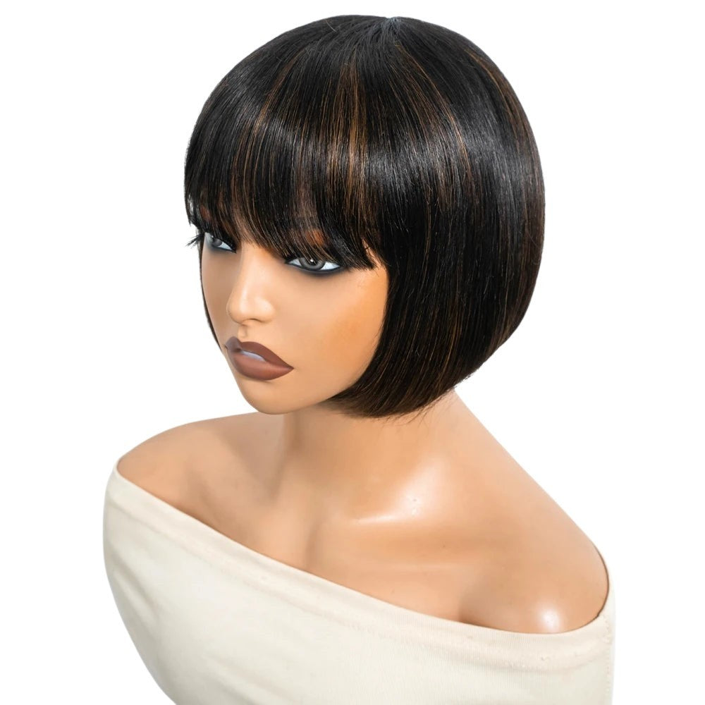RitzWigs short straight bob wig with bangs in mixed 1B/30 colour, made from Brazilian human hair on a mannequin head.