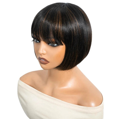 RitzWigs short straight bob wig with bangs in mixed 1B/30 colour, made from Brazilian human hair on a mannequin head.