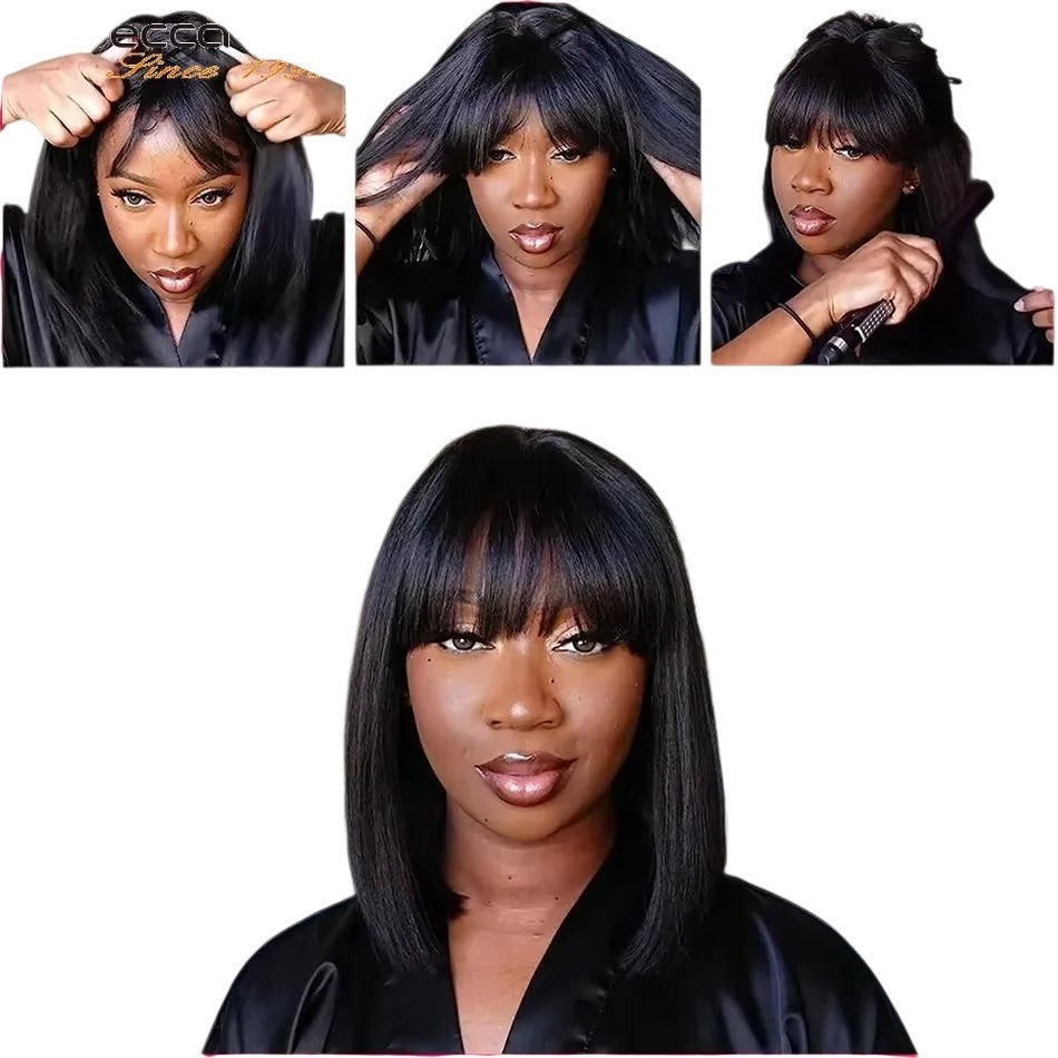 RitzWigs short straight bob human hair wig with bangs on a model, demonstrating easy beginner-friendly application.