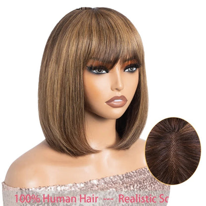 RitzWigs short straight bob human hair wig with bangs and realistic scalp on a mannequin head