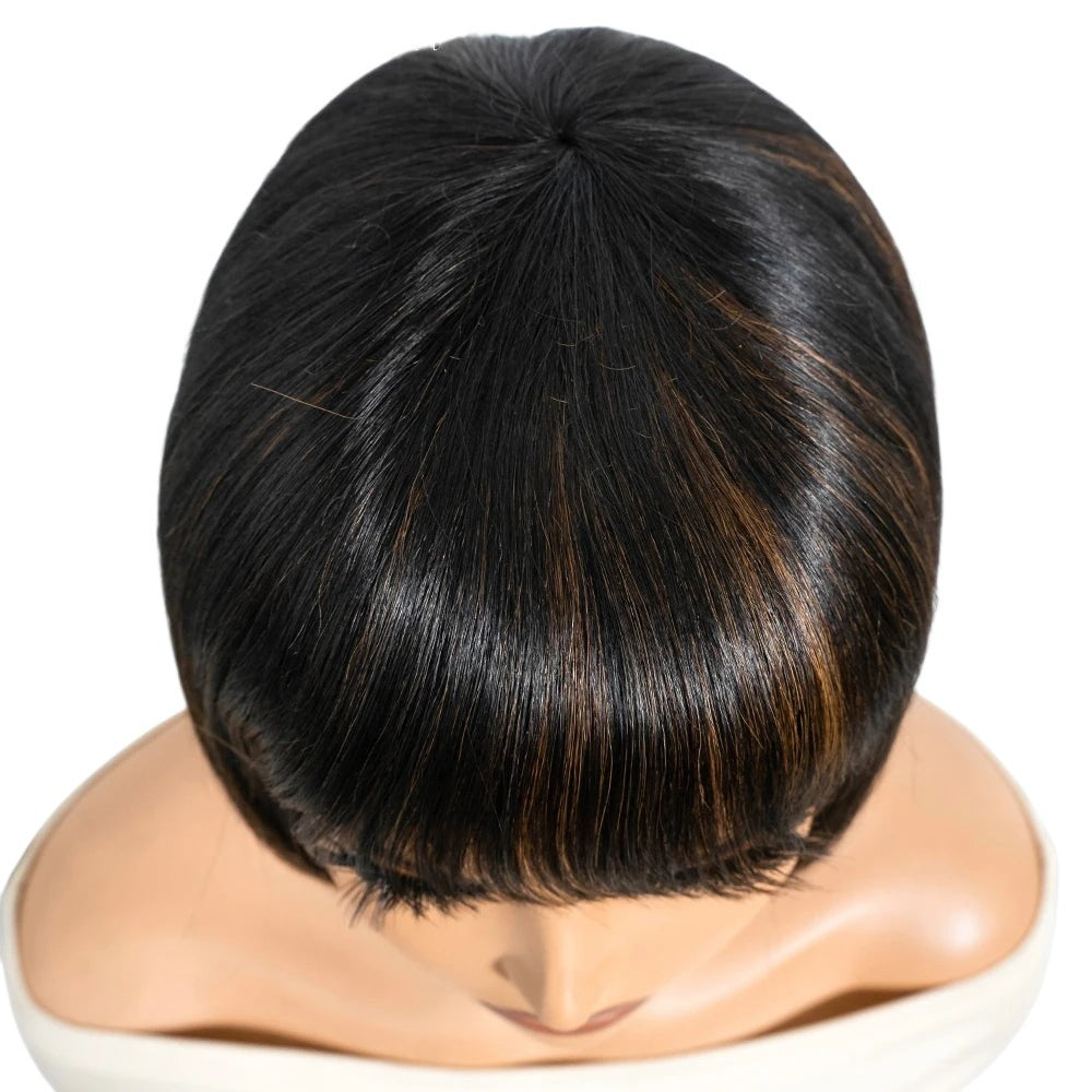 RitzWigs short straight human hair bob wig with bangs in mixed 1B/30 colour on a mannequin head
