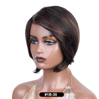 RitzWigs short straight bob human hair wig with side-swept bangs in a highlighted brown and black colour on a mannequin