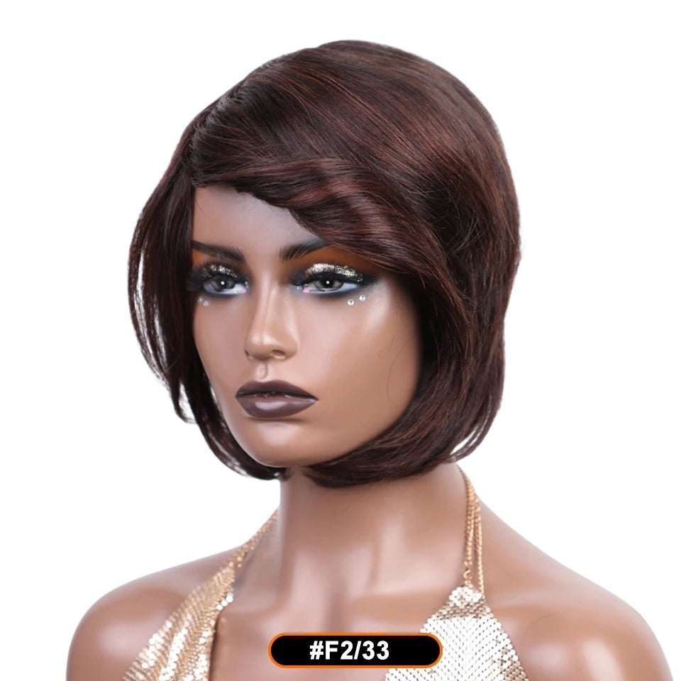 RitzWigs short straight bob human hair wig in dark brown with side-swept bangs on a mannequin head