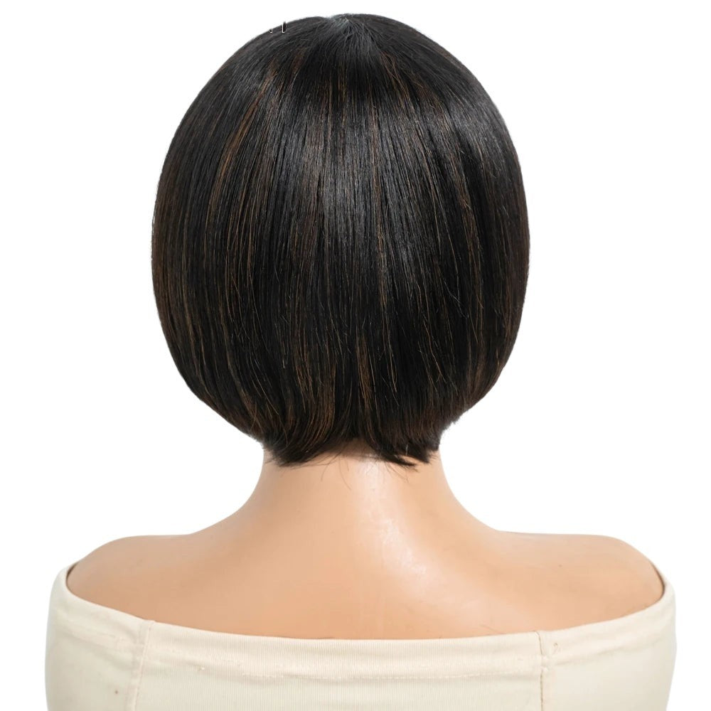 RitzWigs short straight bob human hair wig in black and brown highlights viewed from the back on a mannequin
