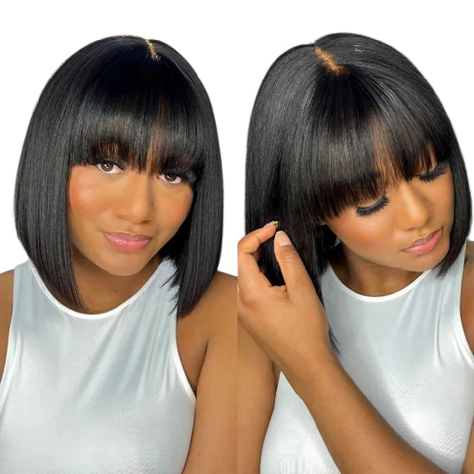 RitzWigs short straight black bob wig with bangs and middle part, made of Brazilian Remy human hair on Swiss lace.