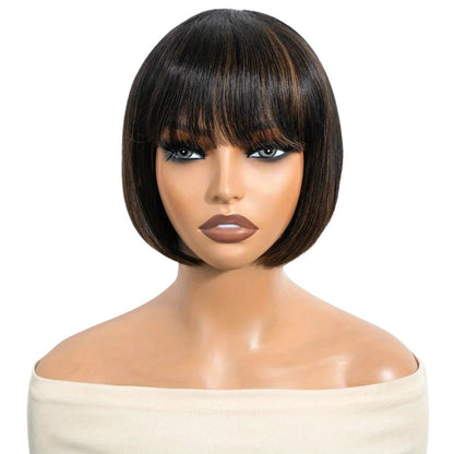 RitzWigs short straight bob human hair wig with bangs in 1B/30 mixed colour on a mannequin head