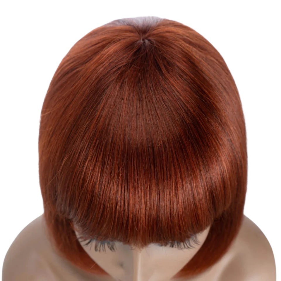RitzWigs short straight bob wig with bangs in a rich auburn 1B/30 mixed colour, made from Brazilian human hair.