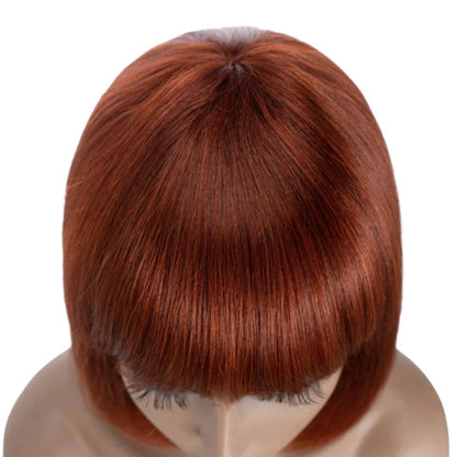 RitzWigs short straight bob wig with bangs in a rich auburn 1B/30 mixed colour, made from Brazilian human hair.