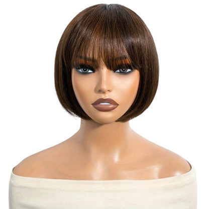 RitzWigs short straight bob human hair wig with bangs in a mixed 1B/30 brown colour on a mannequin head