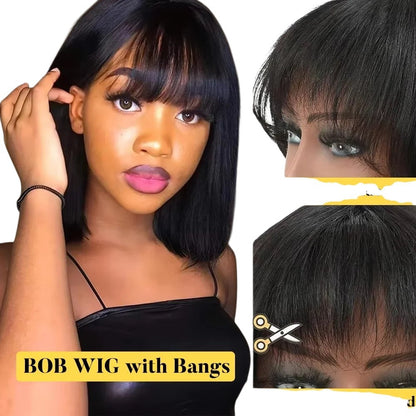 RitzWigs short straight black human hair bob wig with bangs worn by a model, showing versatile styling options.