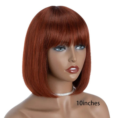 RitzWigs 10-inch short straight bob wig with bangs in 99J burgundy ombre human hair on a mannequin head