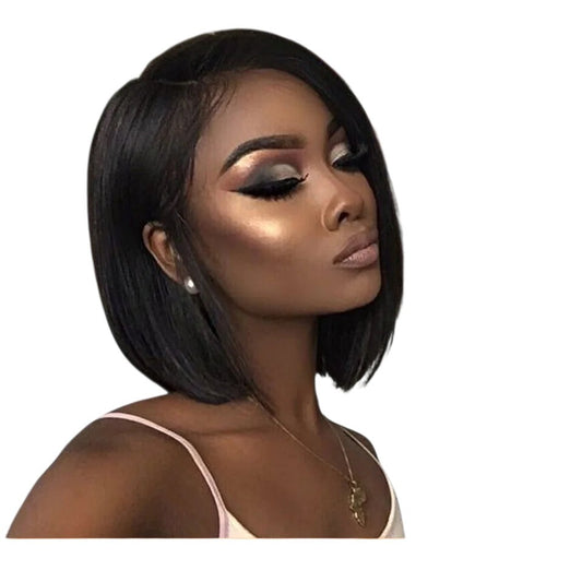 RitzWigs short straight black bob wig with a side part worn by a model with glowing makeup