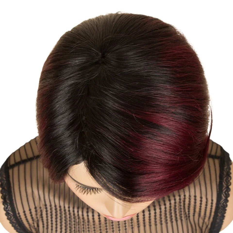 RitzWigs short straight human hair bob wig with dark roots and burgundy highlights on a mannequin head